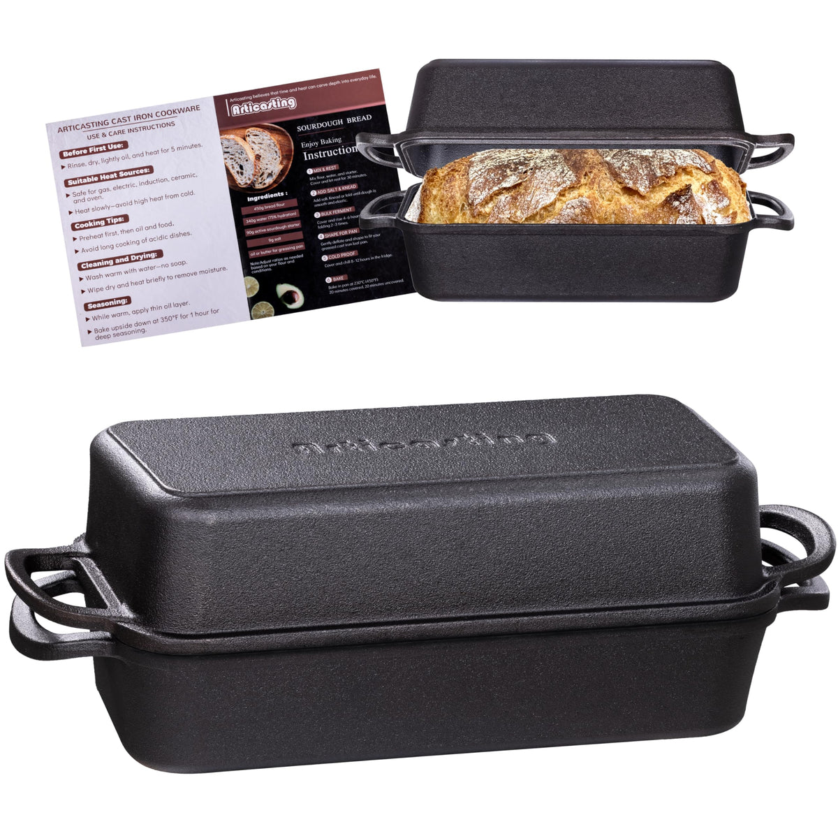 Articasting 11x5 loaf pan with lid for sourdough, offering generous capacity.