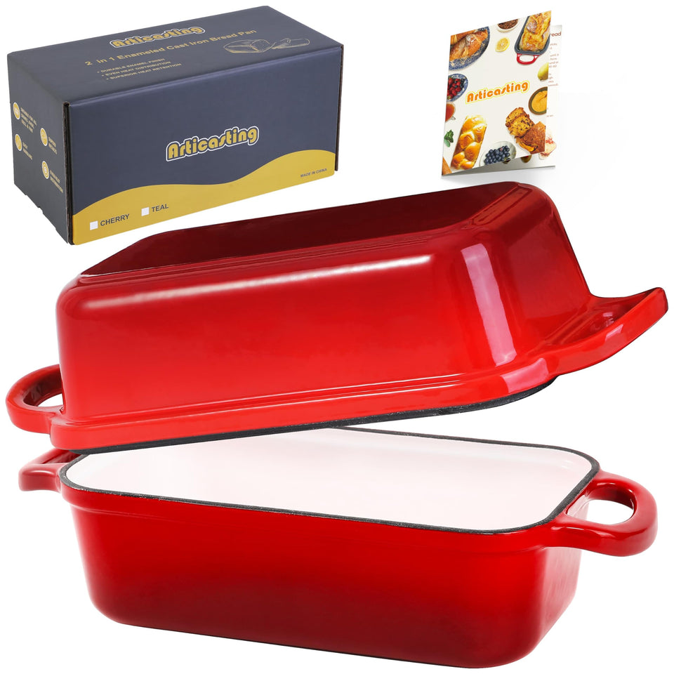 Articasting cast iron bread loaf pan with lid red for consistent crust