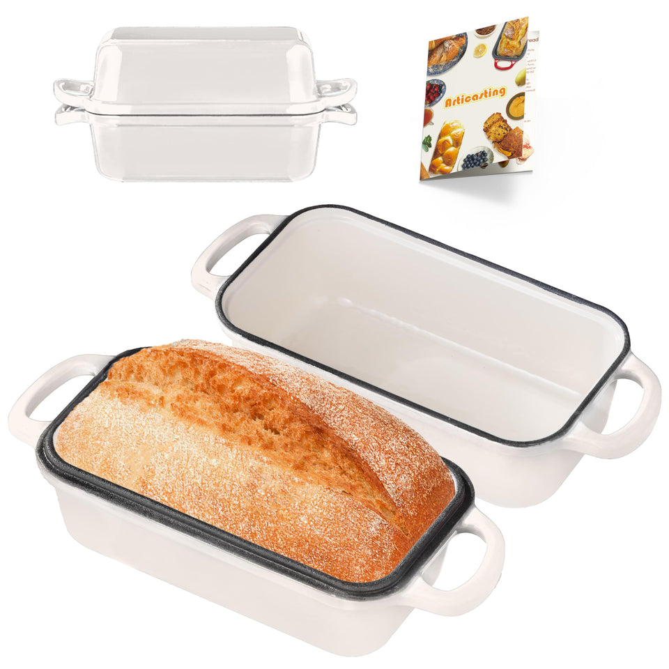 Articasting cast iron bread pan with lid showing two-loaf capacity, ideal for weekend baking