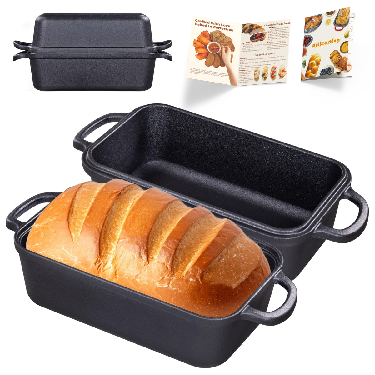 Articasting cast iron loaf pan with lid on showing even heat for consistent loaves