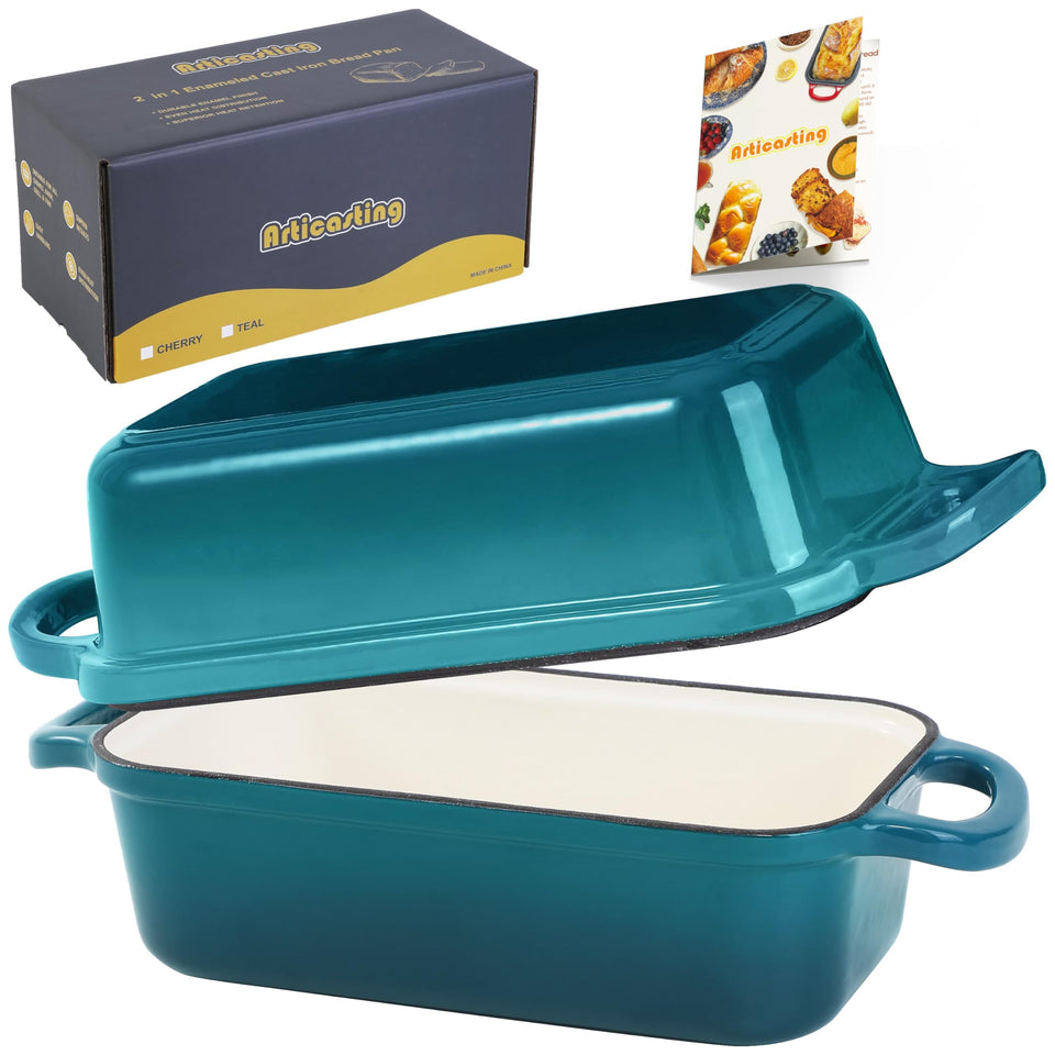 Articasting cast iron loaf pan with lid showing steam for crusty bread texture