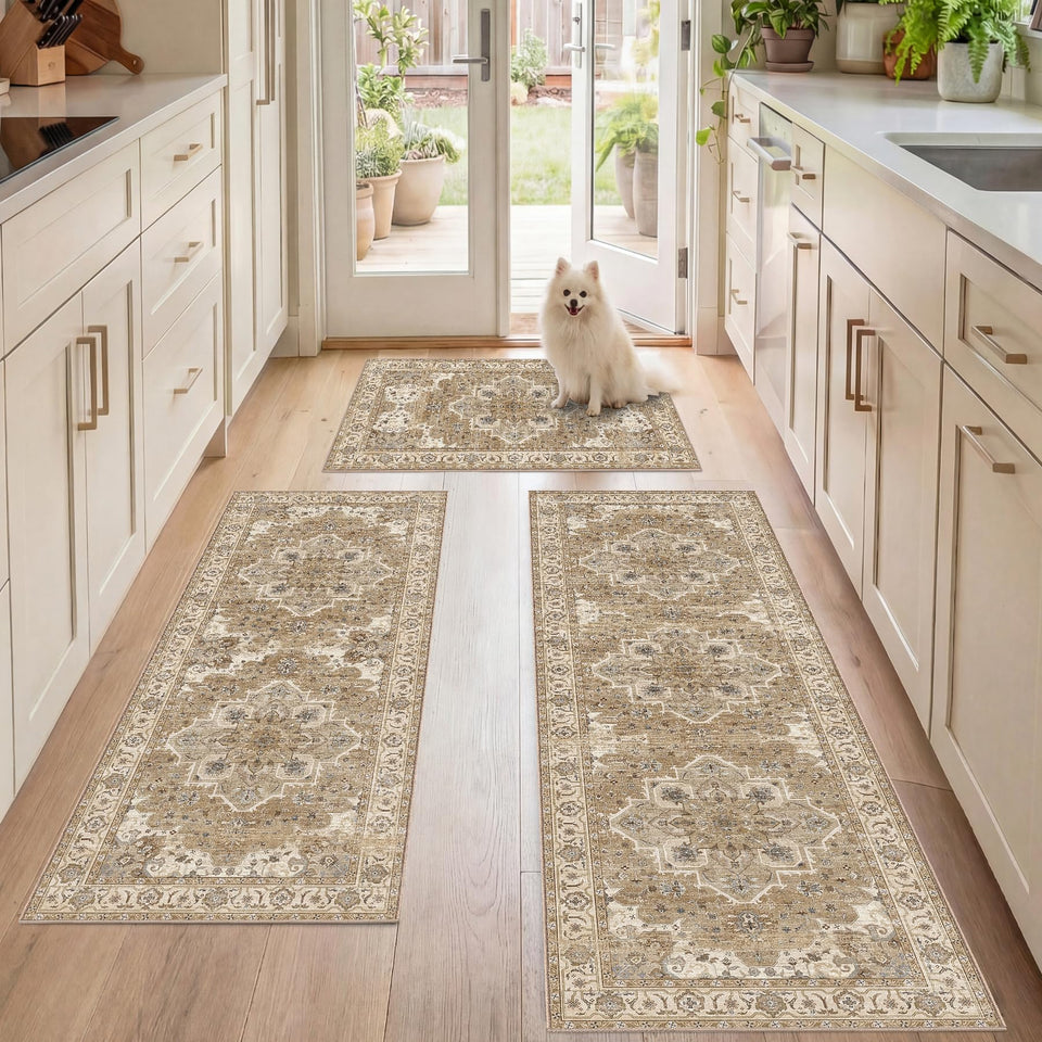 Articosy kitchen rug set 3pc runner offers non-slip safety in a busy kitchen.