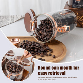 Airtight glass jars with rose gold clips keep contents protected and organized.