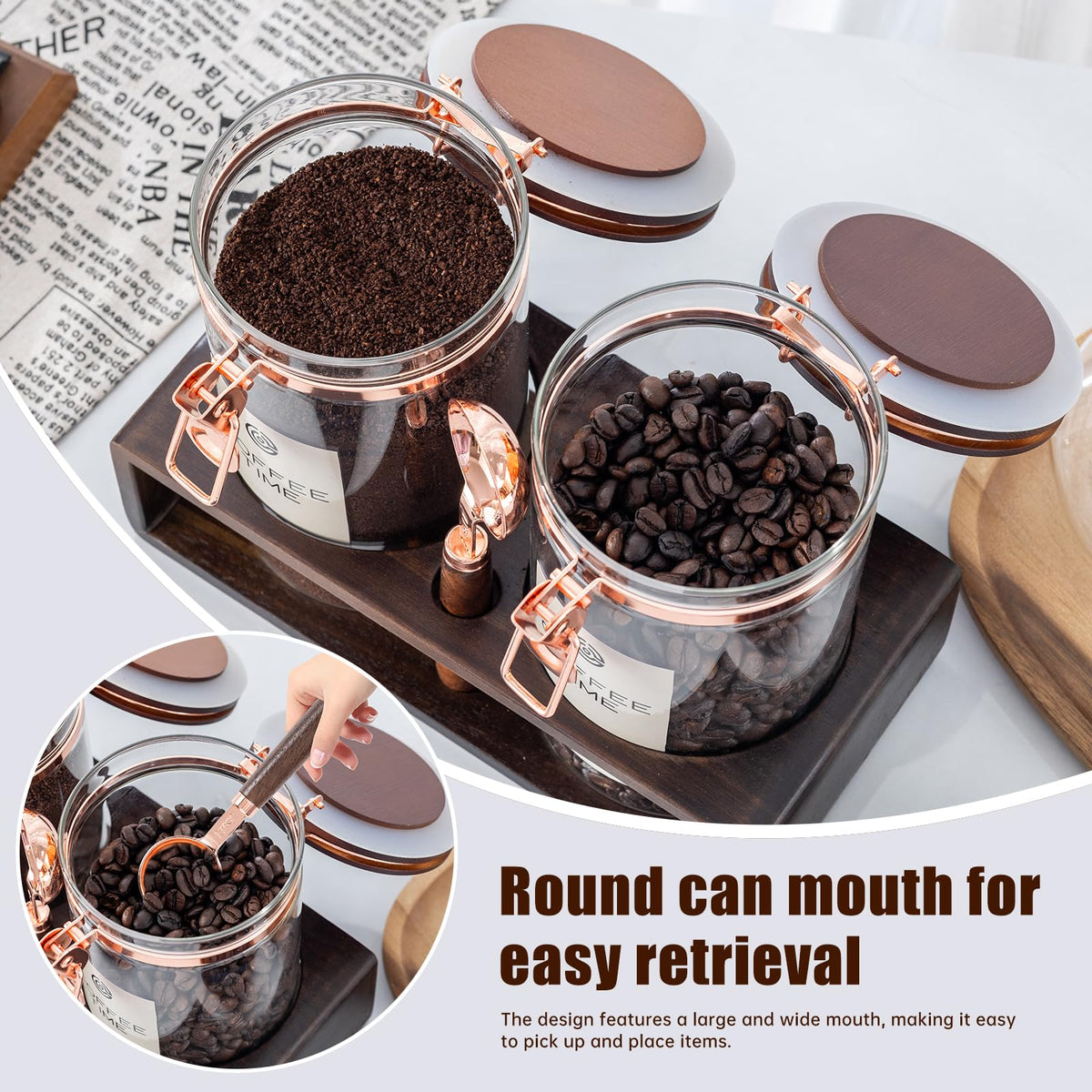 ARTIFORM coffee beans storage jar helps preserve aroma in a transparent container.