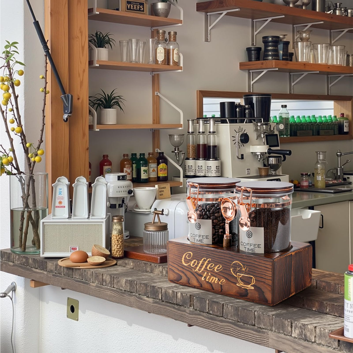 Torched wood shelf from ARTIFORM adds rustic warmth to any kitchen.