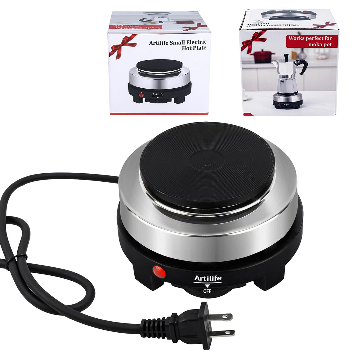 Artilife 500W mini hot plate top view highlights compact RV-ready design.