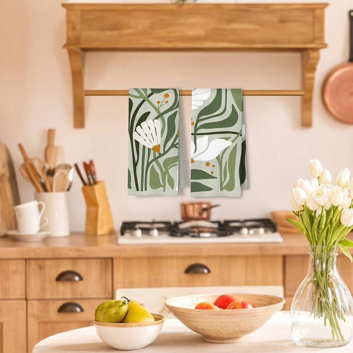 ArtisaEura abstract boho sage green floral towel set on countertop for kitchen decor.