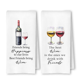 ArtisaEura Friends and Wine towels two-pack on stylish kitchen setup, ready for gifting