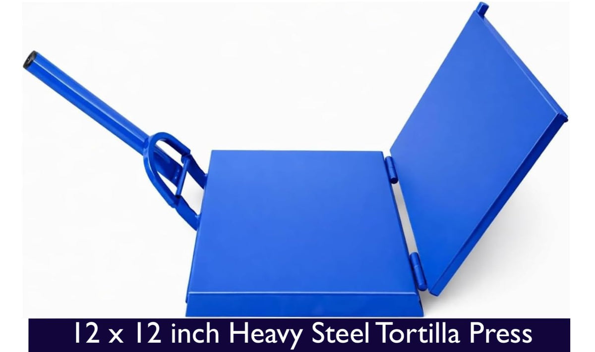 Artisan Fire tortilla press shows blue handle for stable, easy operation.