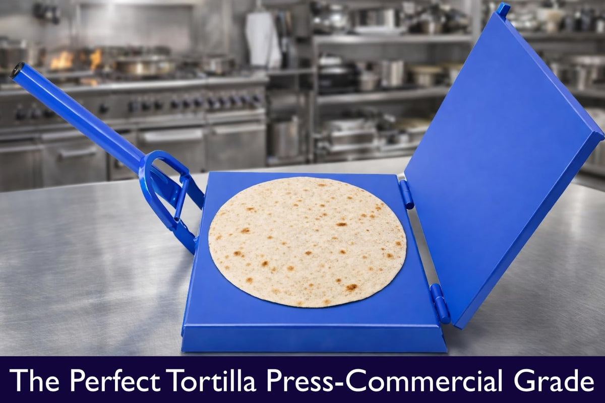 Artisan Fire blue 12-inch tortilla press with sturdy base supports quick, uniform pressing.