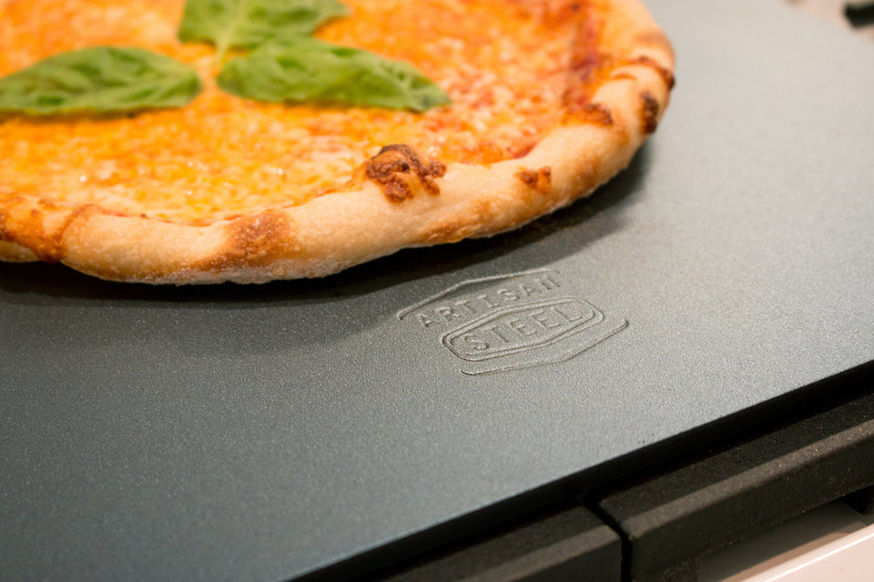 Artisan Steel pizza steel top view showing blistered crust potential