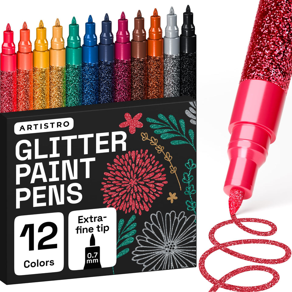 ARTISTRO glitter pens on glass for sparkling labels
