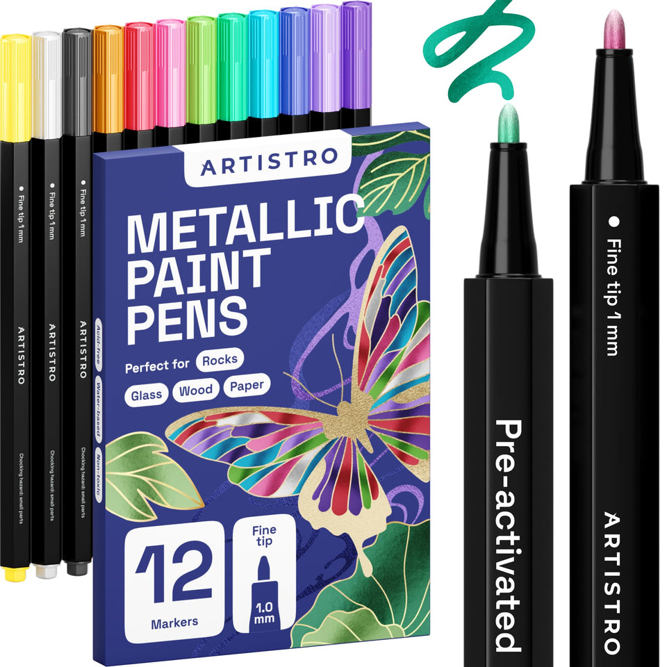 ARTISTRO 12 metallic pens for glass marking with fast-dry, glossy ink on glass