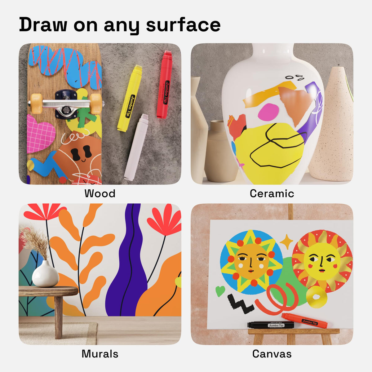 Artistro markers work on fabric, wood, paper, and more for DIY crafts.
