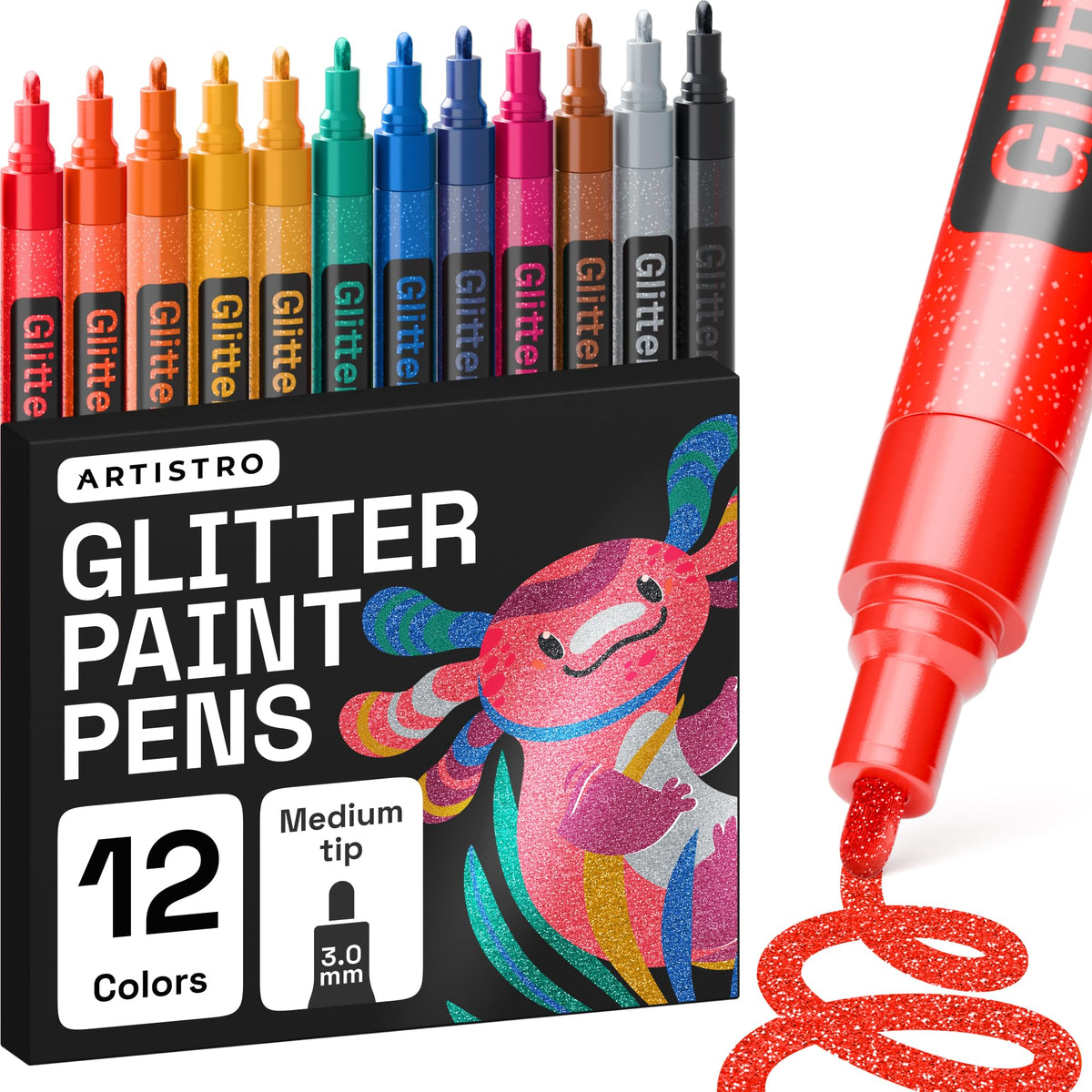 ARTISTRO glitter paint pens pack with a medium tip for precise, sparkling coverage.