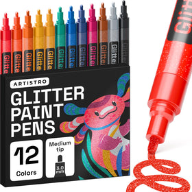 ARTISTRO glitter paint pens pack with a medium tip for precise, sparkling coverage.