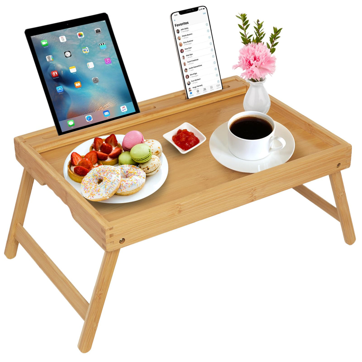 Artmeer bamboo bed tray with folding legs for secure breakfast in bed and easy storage.