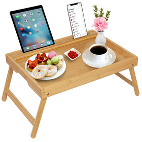 Artmeer bamboo bed tray with folding legs for secure breakfast in bed and easy storage.