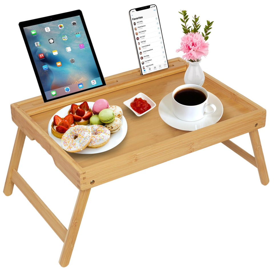 Artmeer bamboo bed tray with folding legs for secure breakfast in bed and easy storage.