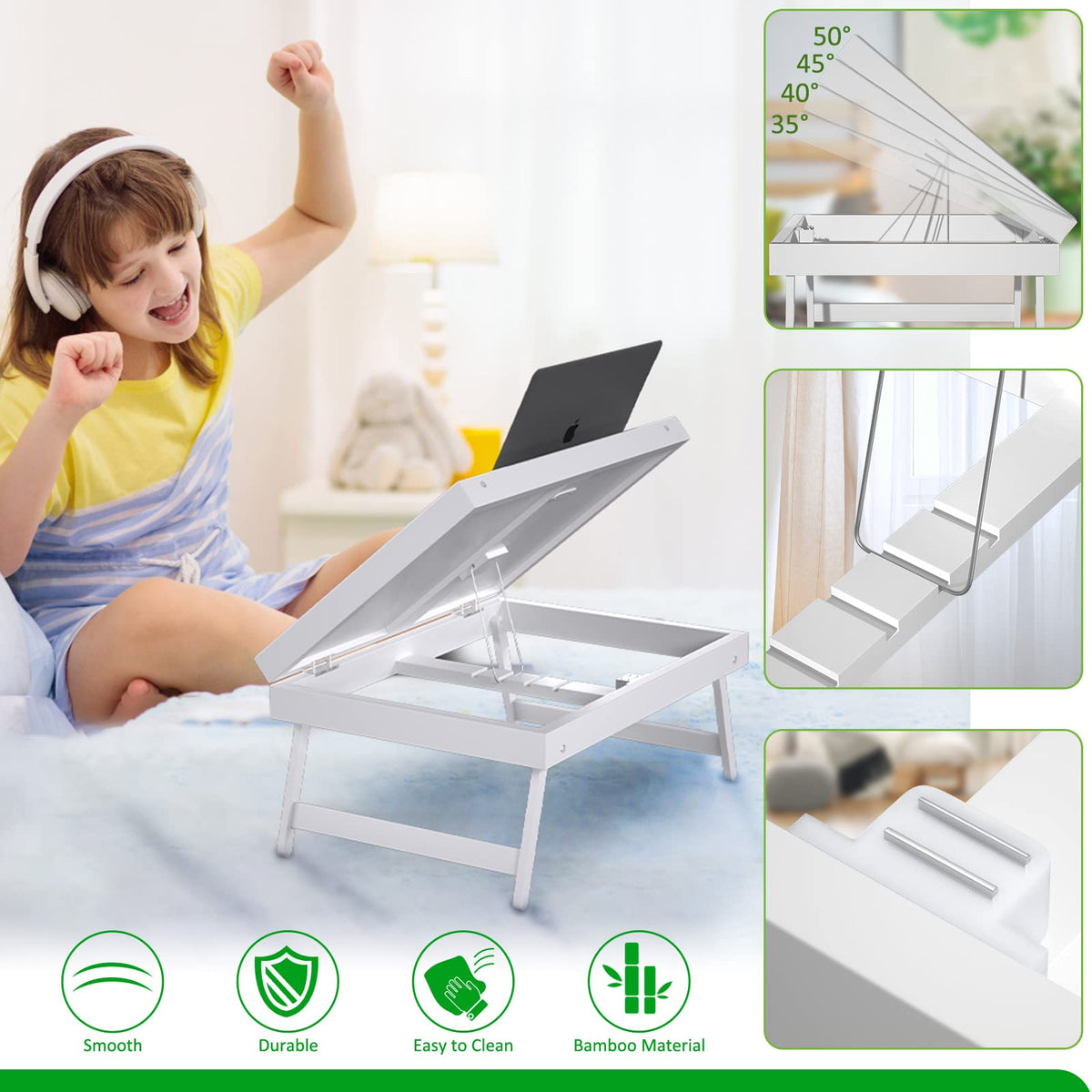 Artmeer Bed Tray Table adjustable angles for comfortable bedside positioning.