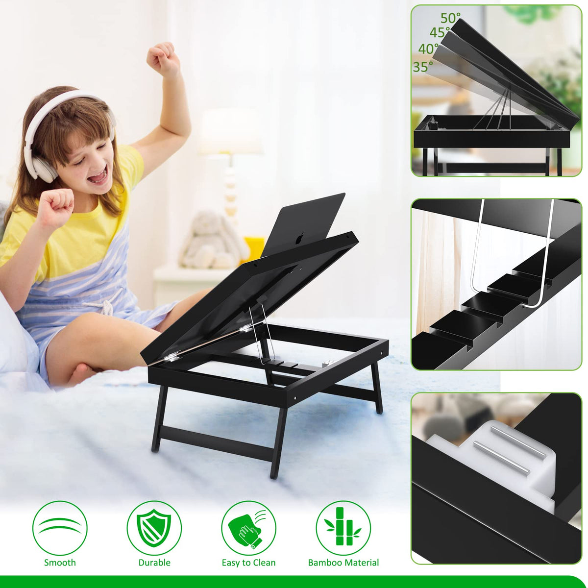 Artmeer bed tray table edge-lip design keeps items secure.