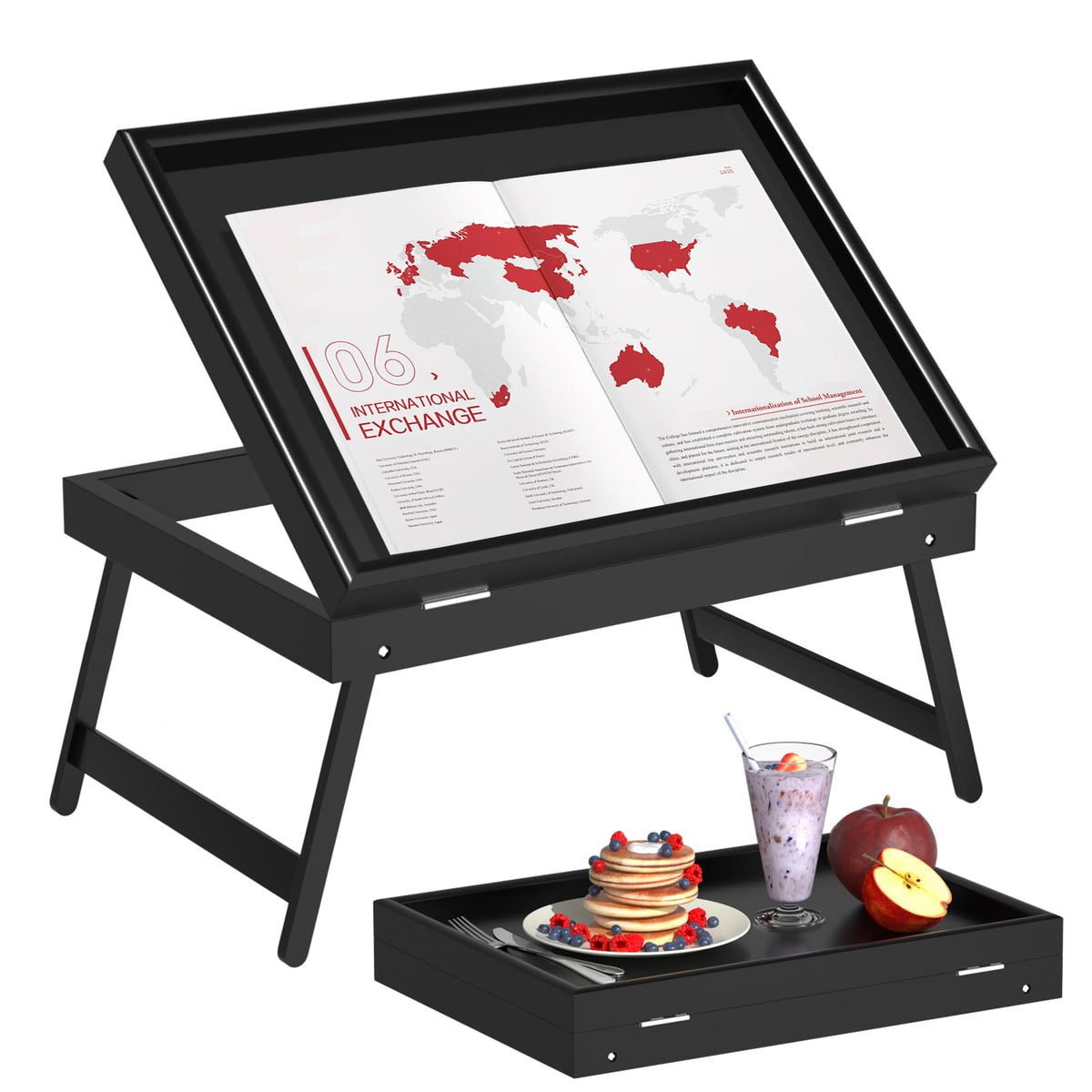 Artmeer bed tray table folding-legs in black, compact for storage and transport.