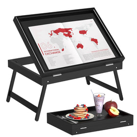 Artmeer bed tray table folding-legs in black, compact for storage and transport.