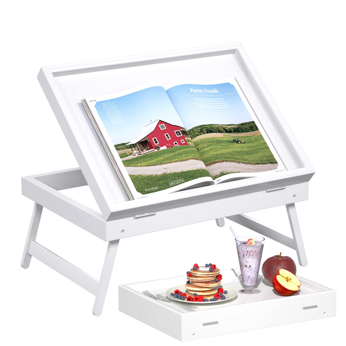 Artmeer Bed Tray Table with folding legs in open position for meals and laptop use.