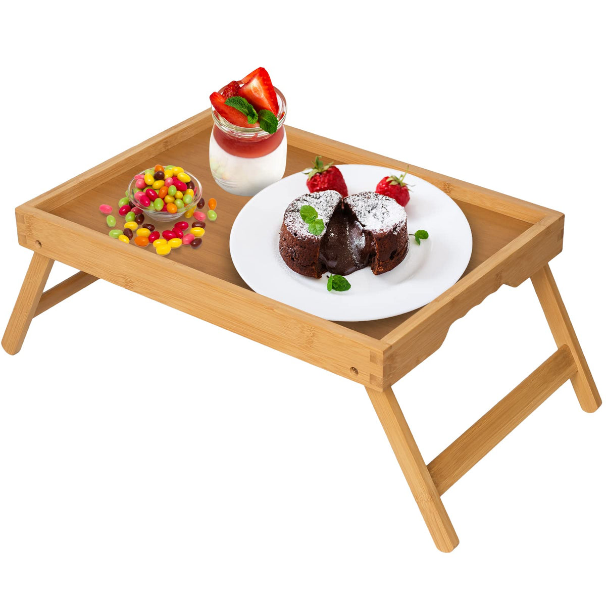 Artmeer bamboo bed tray with folding legs offering easy breakfast in bed.