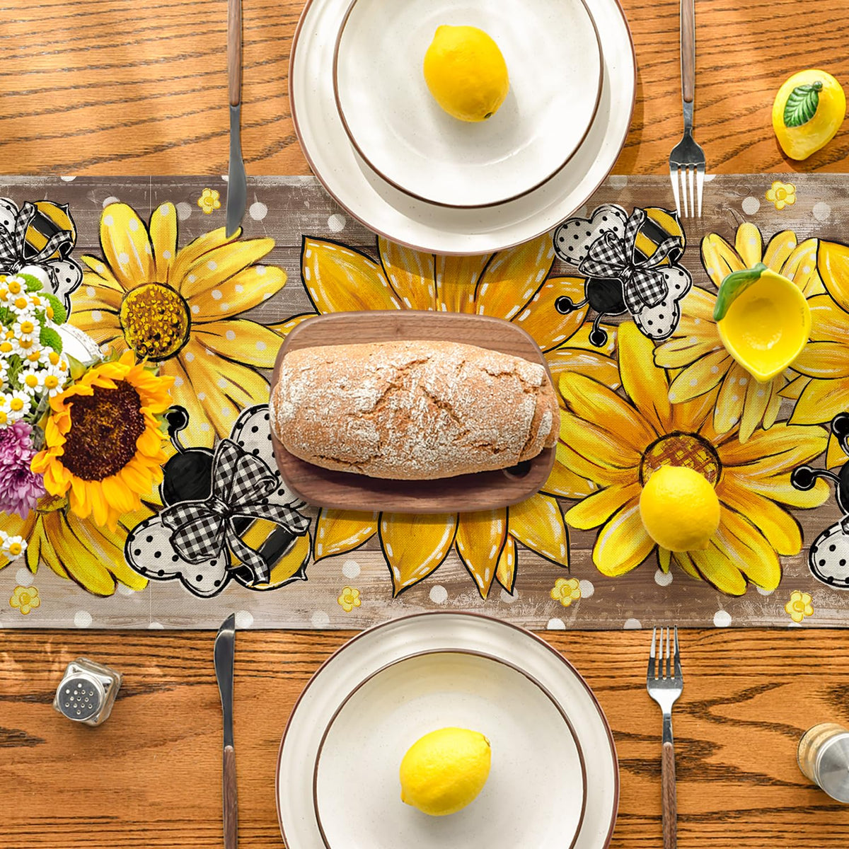 Artoid Mode bee-flower table runner adds playful seasonal flair.