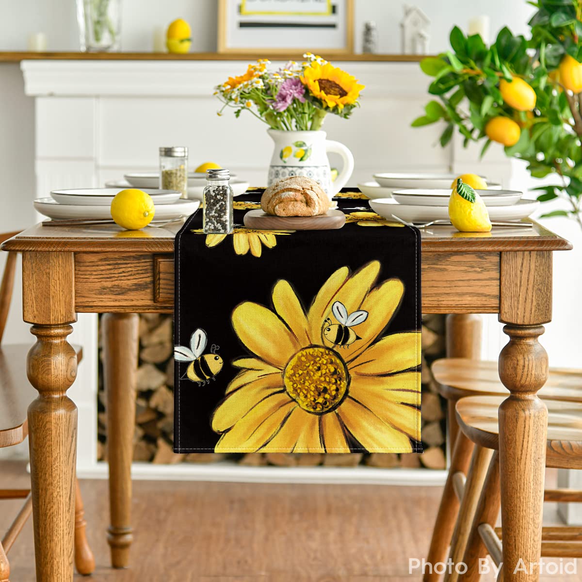 Artoid Mode bee-sunflower pattern on black fabric adds lively color to meals