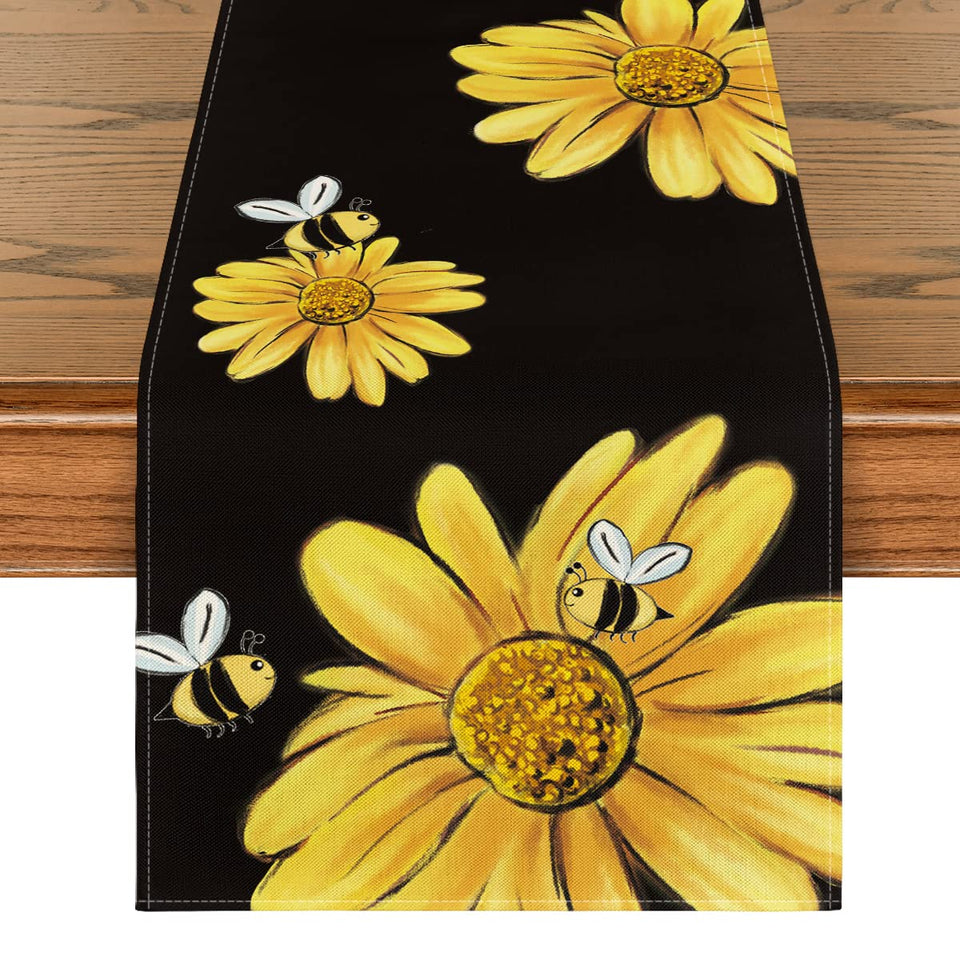 Artoid Mode bee-sunflower table runner closeup protects your table from heat