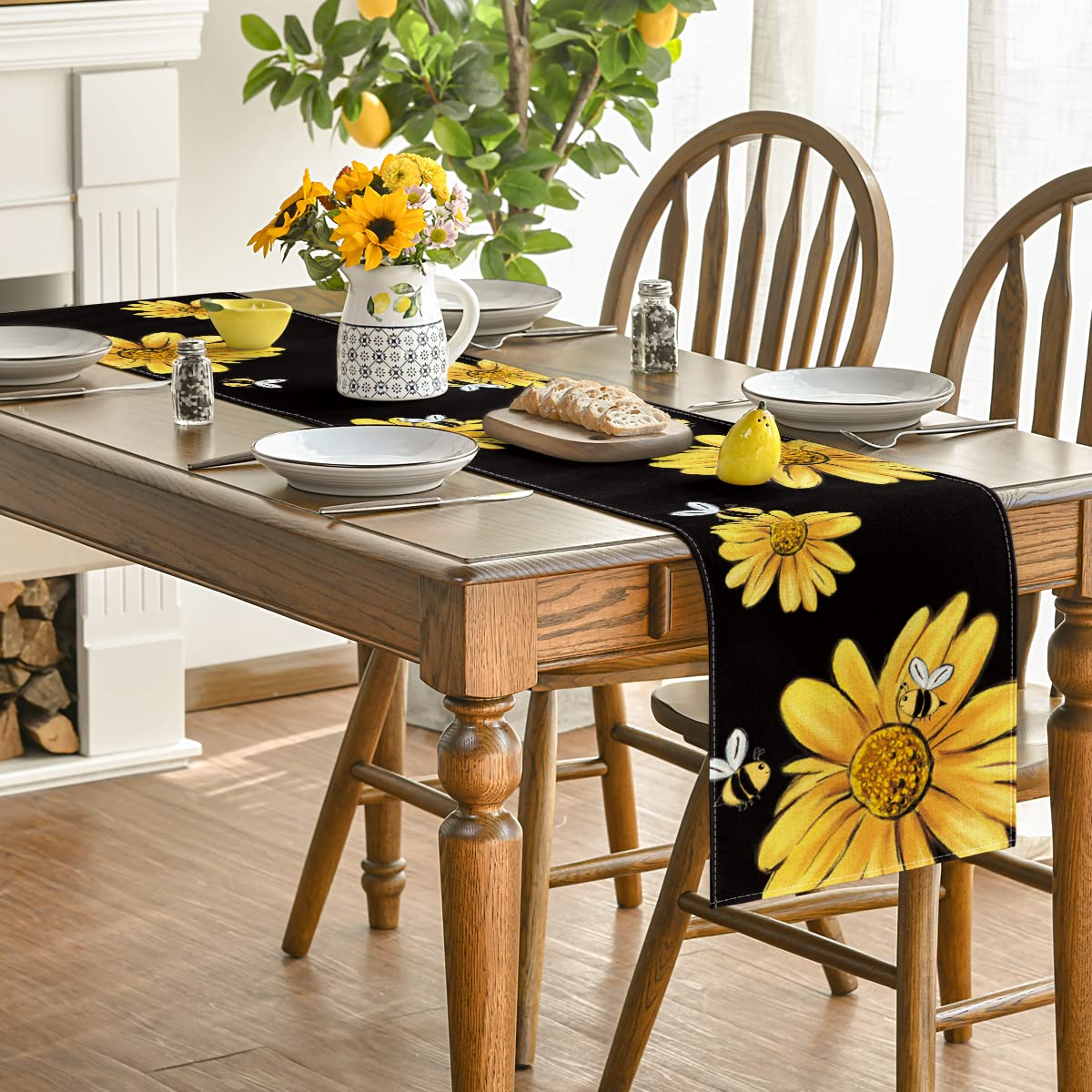 Artoid Mode bee-sunflower table runner on black surface brightens dining