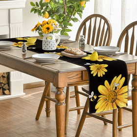 Artoid Mode bee-sunflower table runner on black surface brightens dining