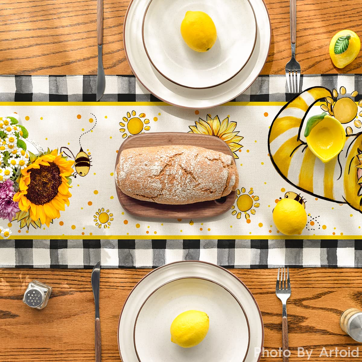 Artoid Mode bee-themed table runner close-up shows vibrant print