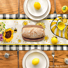 Artoid Mode bee-themed table runner close-up shows vibrant print
