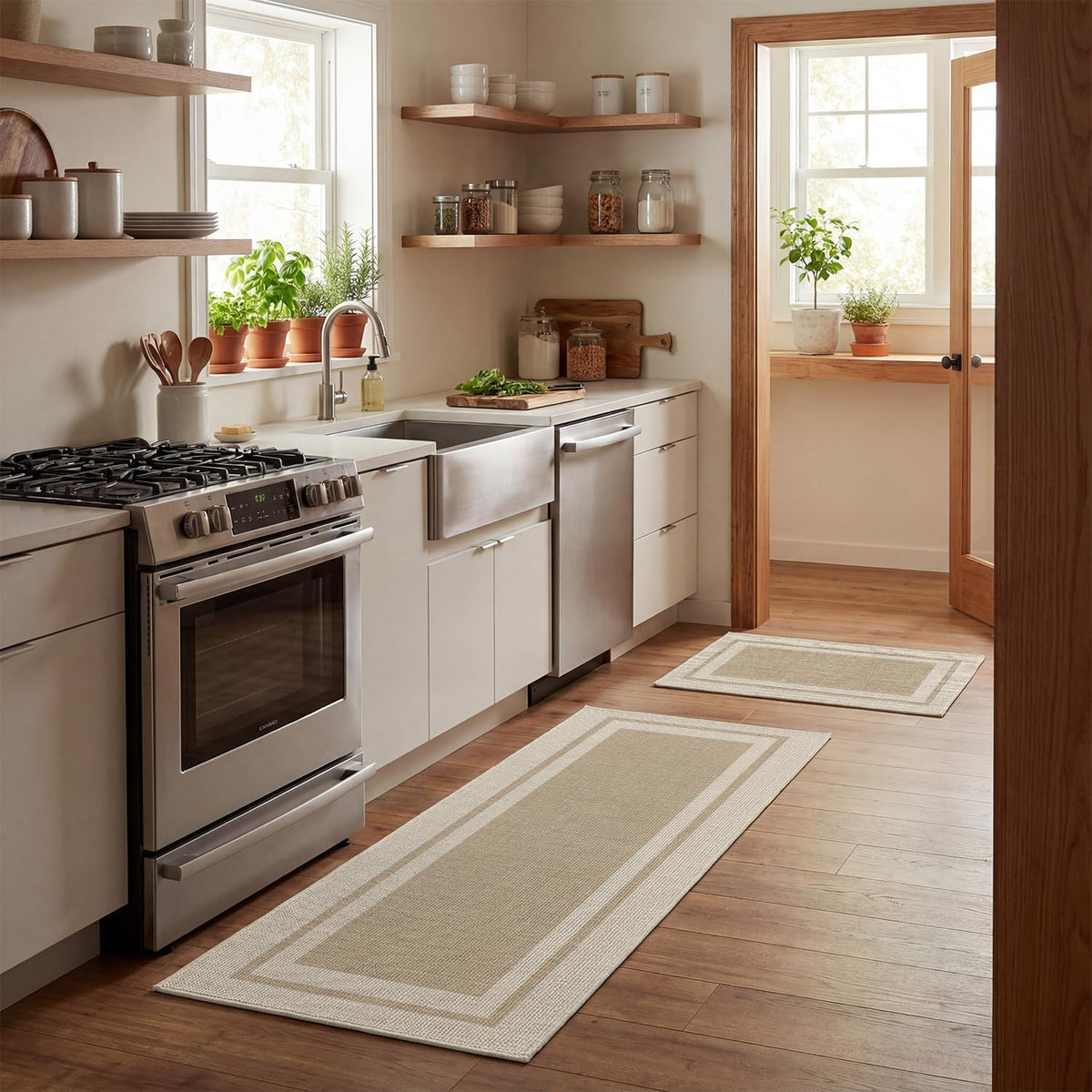 Artoid Mode beige kitchen mat 17x29, side view, non-slip backing