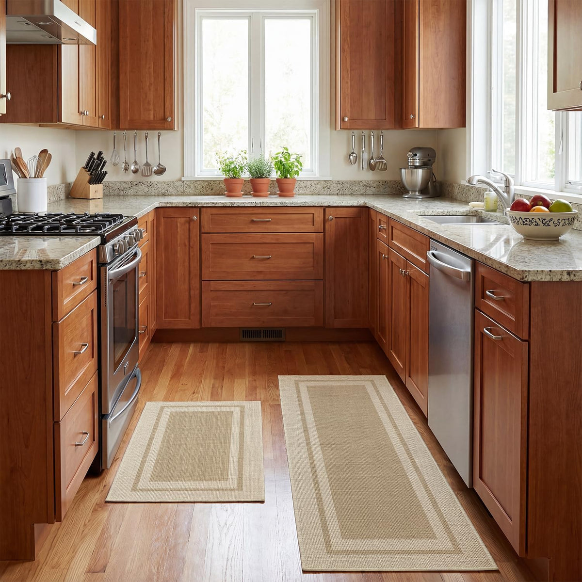 Artoid Mode beige kitchen mat 17x47, side view, keeps footprint tidy