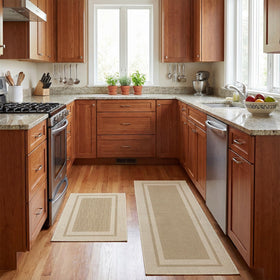 Artoid Mode beige kitchen mat 17x47, side view, keeps footprint tidy