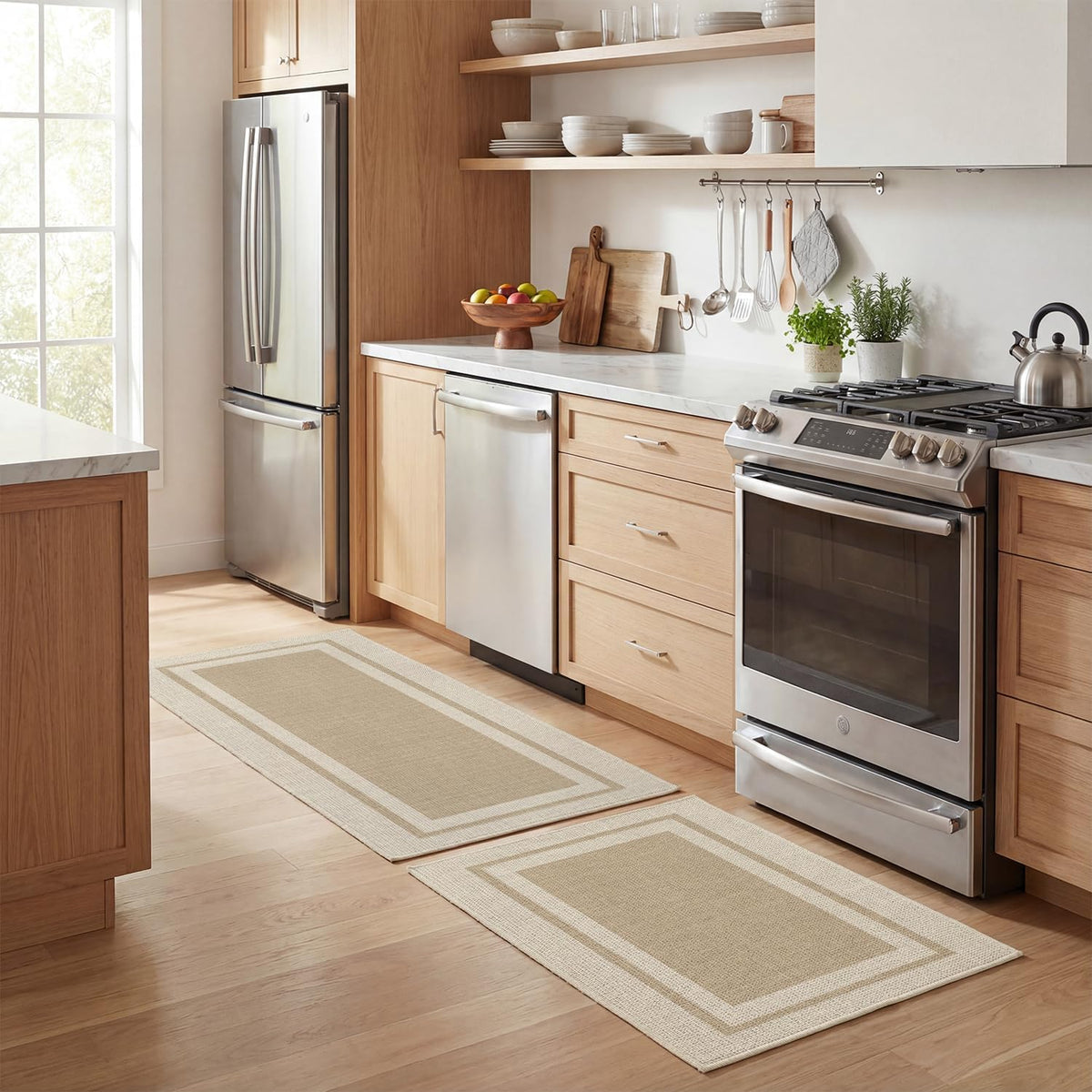 Artoid Mode beige kitchen mat 17x47, top view, low-profile design