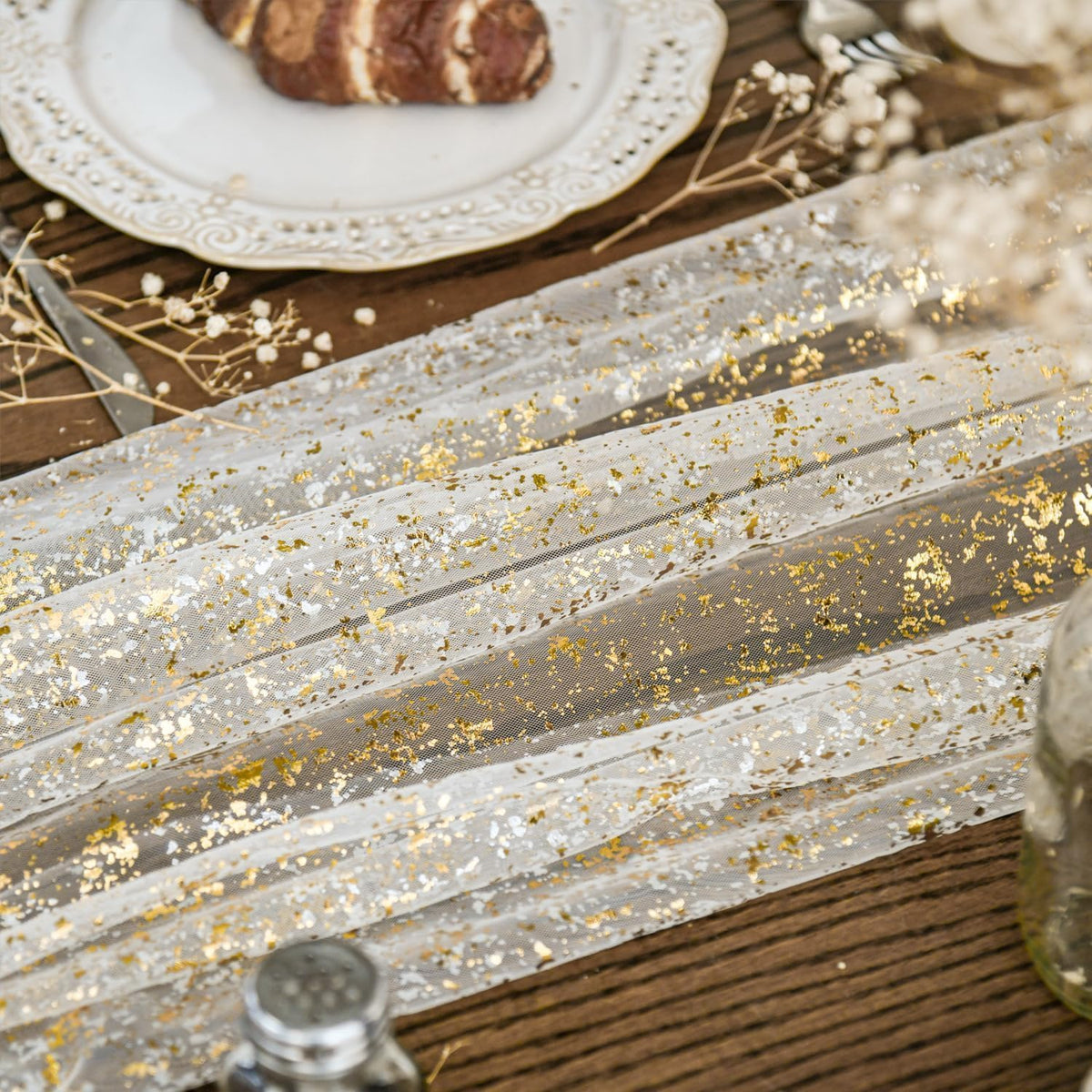 Artoid Mode beige gold gauze runner 28x120 inches for everyday entertaining.