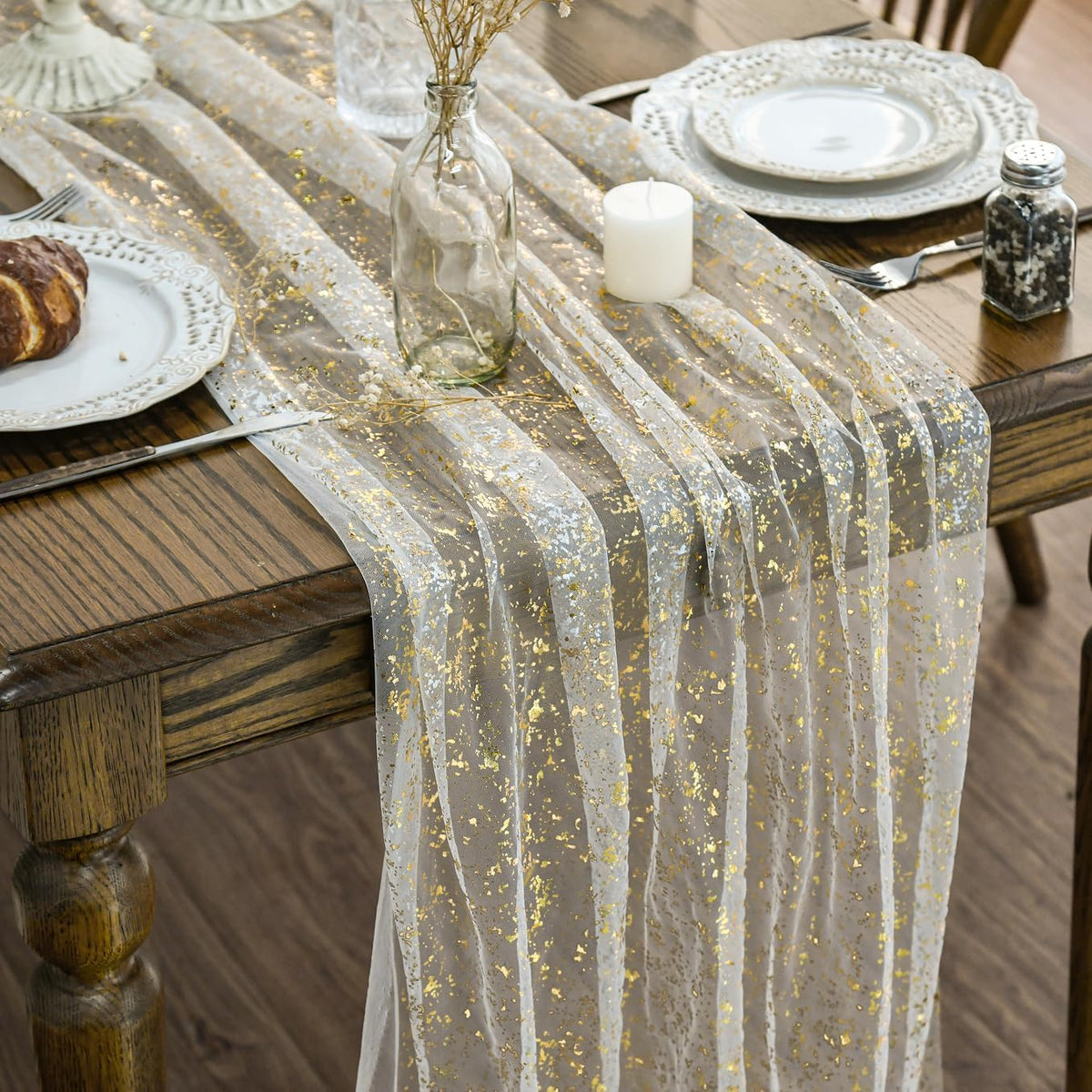 Artoid Mode beige-gold gauze table runner, 120 inch, elegant dining decor for special occasions