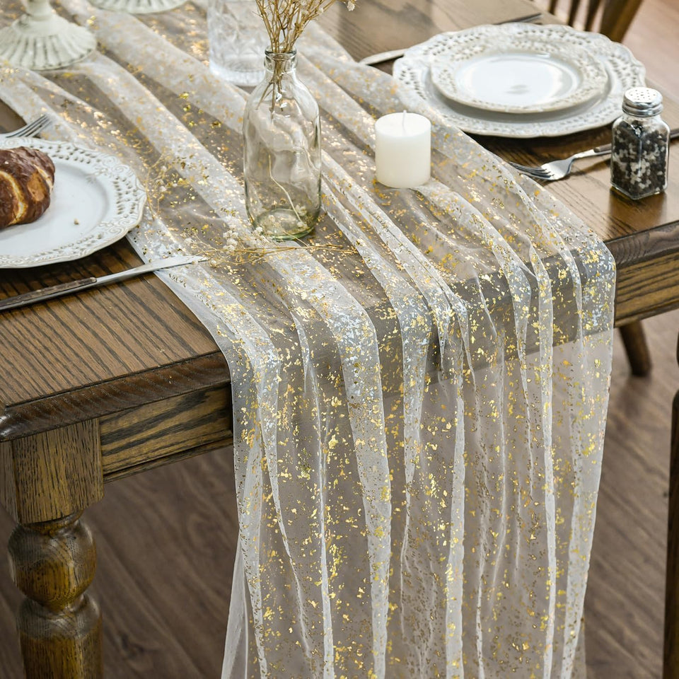 Artoid Mode beige-gold gauze table runner, 120 inch, elegant dining decor for special occasions