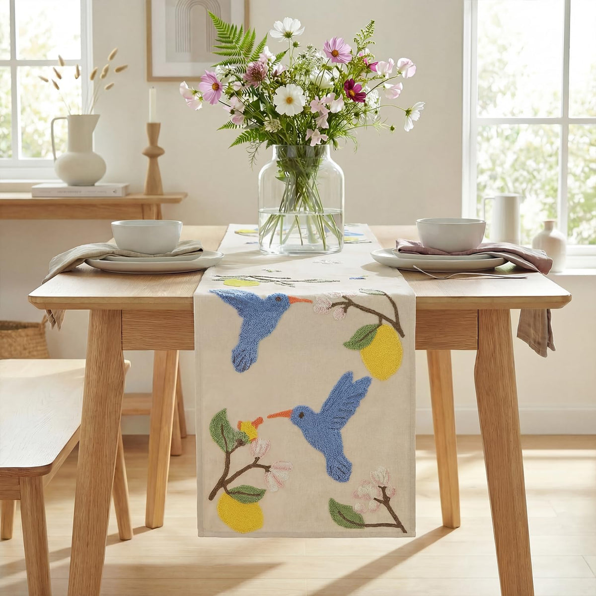 Artoid Mode beige lemon and bird embroidery enhances spring table setting