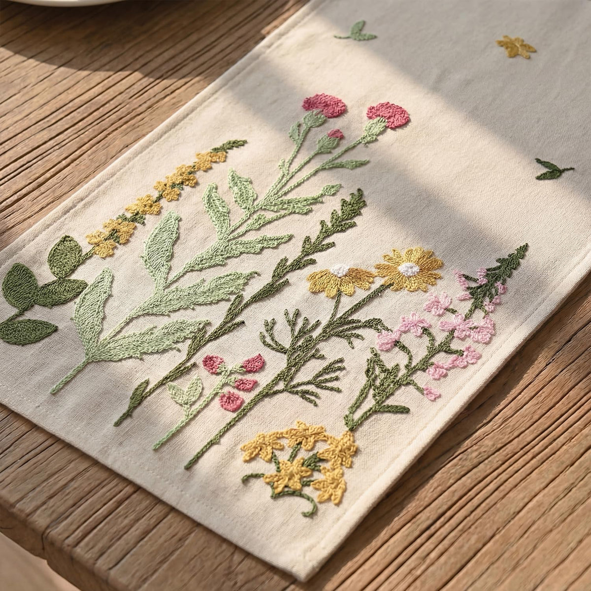 Artoid Mode runner enhances dinner party setup with floral elegance.