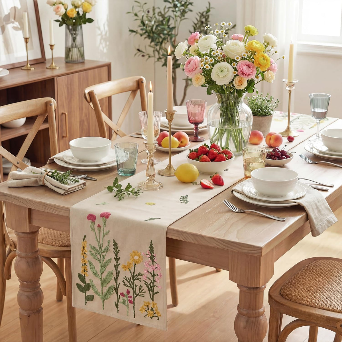 Artoid Mode beige floral pattern runner adds texture to table.