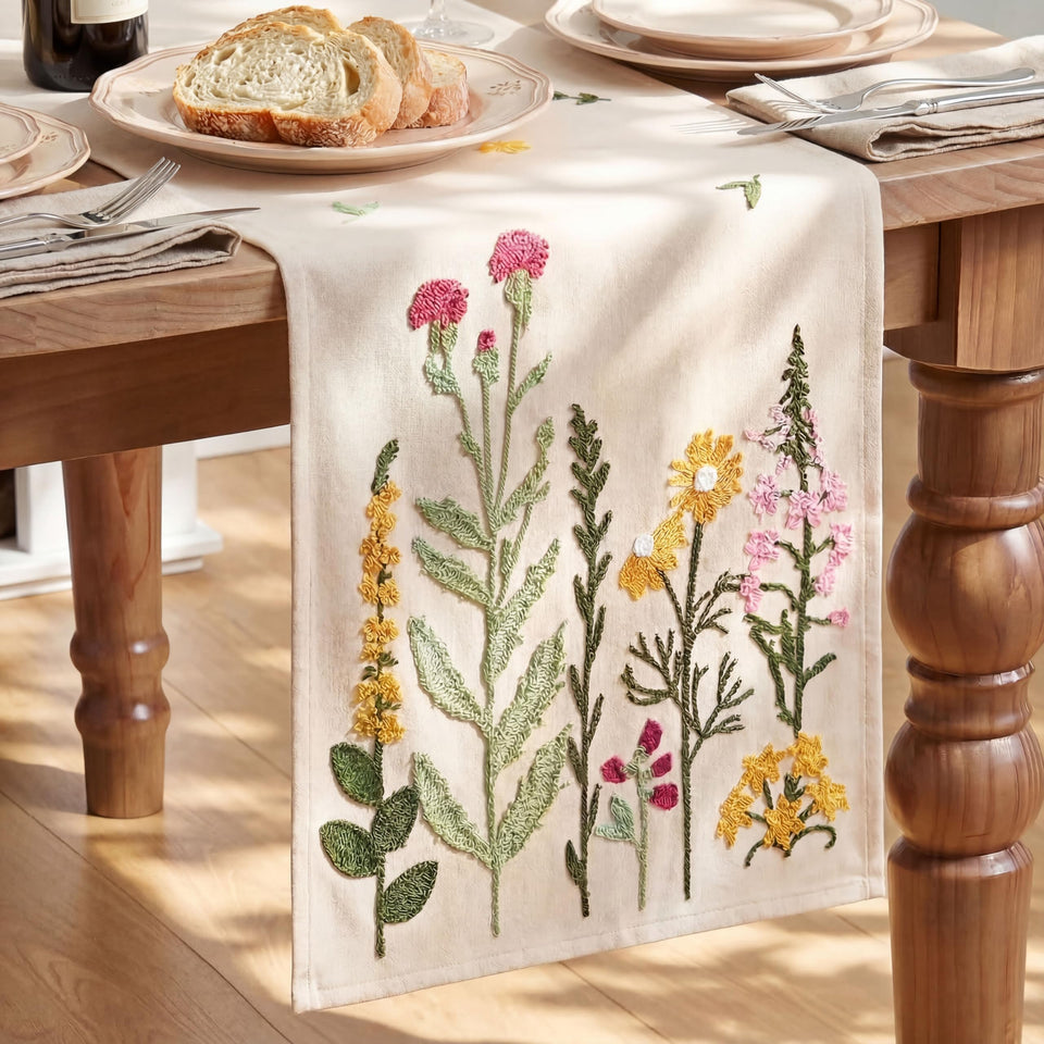 Artoid Mode beige runner with soft chain embroidery for spring ambience.