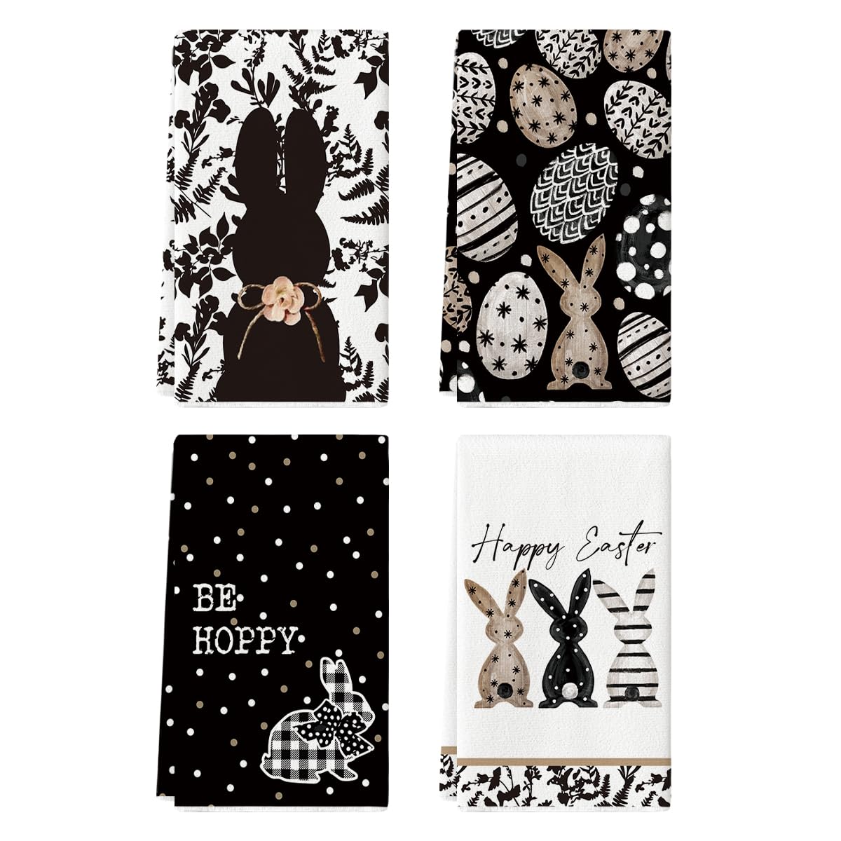 Artoid Mode Black Bunny Eggs Flower towels detail with spring leaves, ideal for daily dish drying.