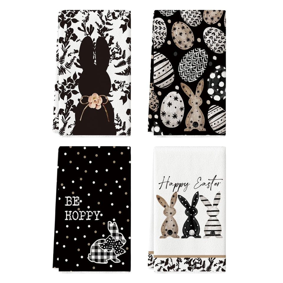 Artoid Mode Black Bunny Eggs Flower towels detail with spring leaves, ideal for daily dish drying.