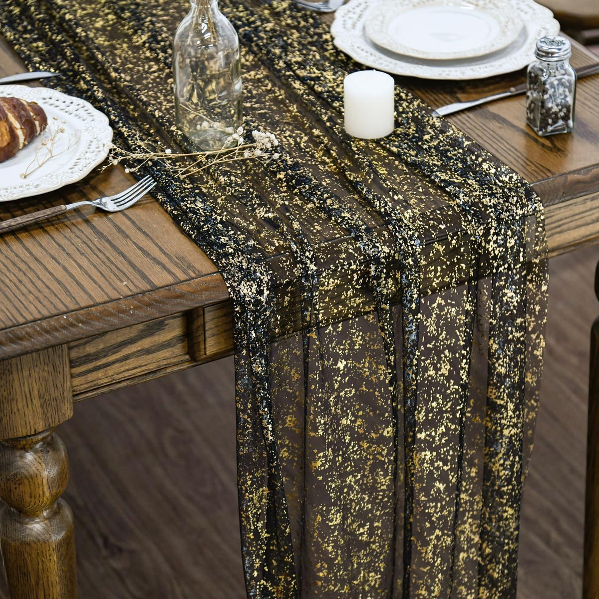 Artoid Mode black gold gauze table runner with glitter foil elevates festive table settings